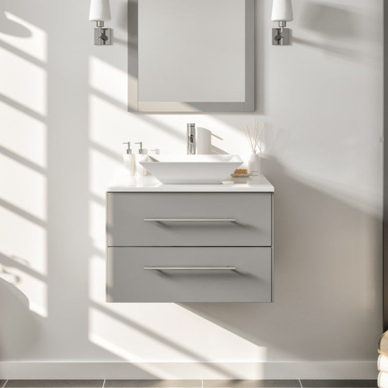 Eviva Wave Wall Mount Bath Vanity with White Quartz Top and Vessel Porcelain Sink (24"-72")