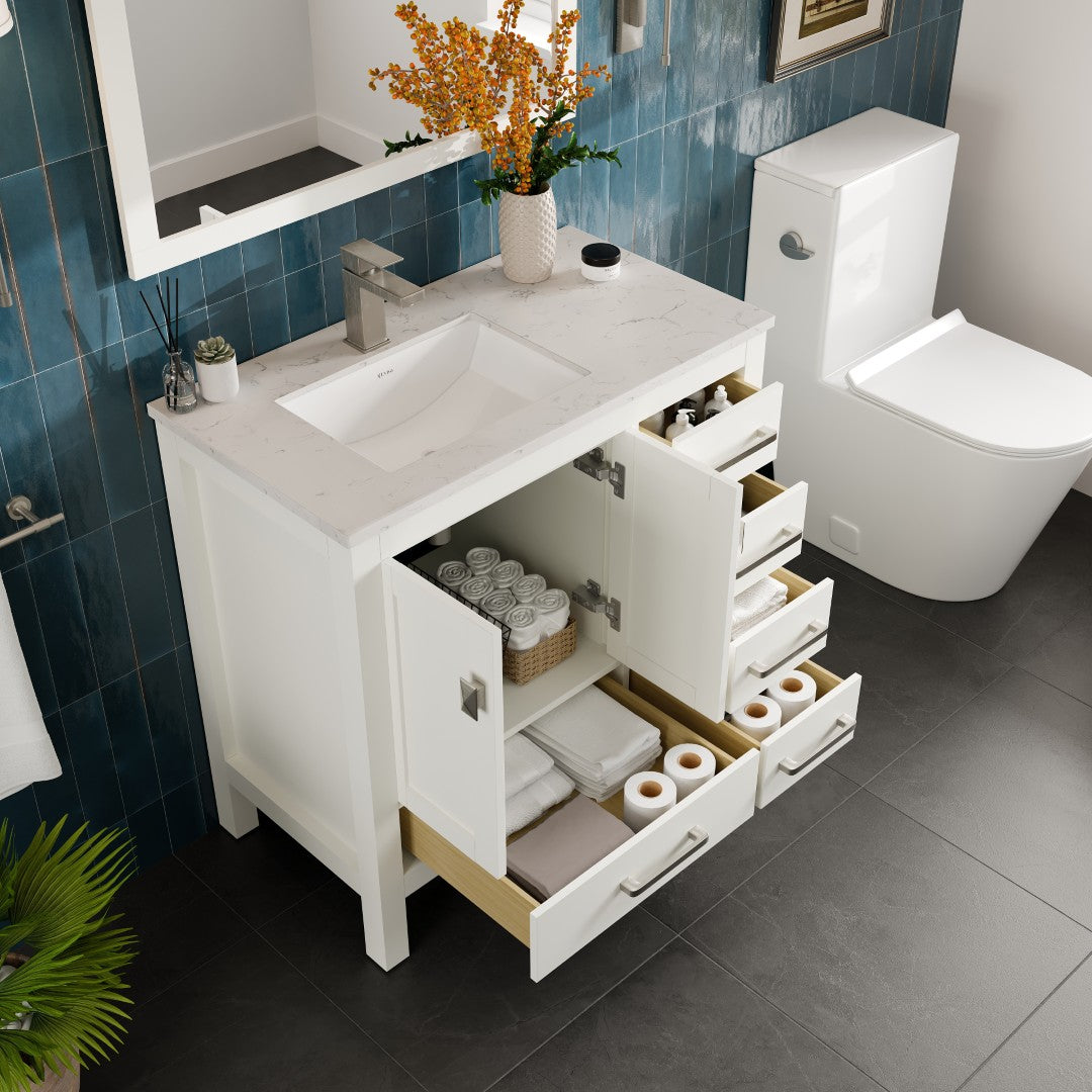 Eviva London Bath Vanity with Carrara Quartz Top and Undermount Porcelain Sink (20"-60")