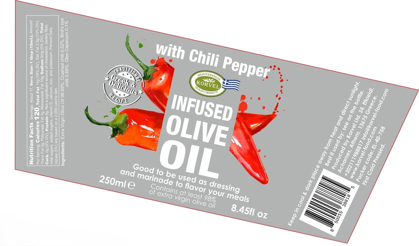 KORVEL Greek Extra Virgin Olive Oil with Chili Pepper, Amphora 8.45 fl oz (250ml) - 6 pack