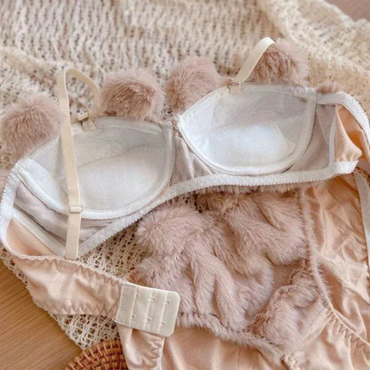 Women’s 2Pcs Furry Bra and Panty Set – Bear Pattern Fuzzy Plush Wireless Lingerie