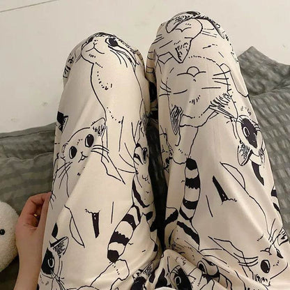 Cute Cat Print Pajama Trousers for Women Loose Fit Sleepwear Lounge Pants
