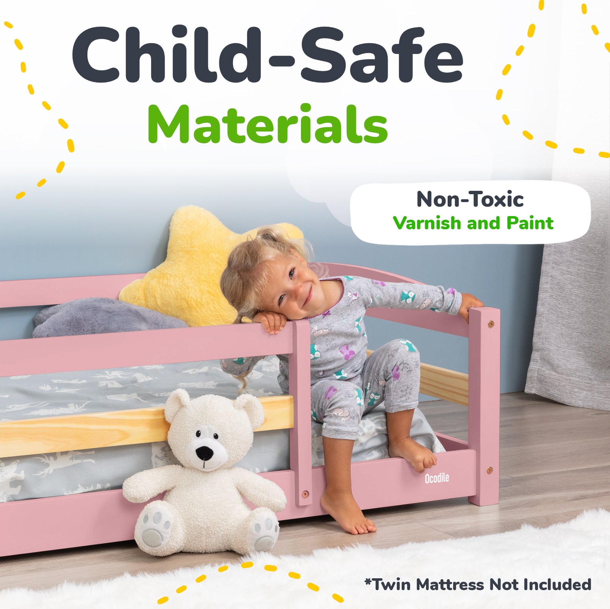 Child playing on a pink bed with a teddy bear, surrounded by text about child-safe materials and non-toxic varnish and paint.
