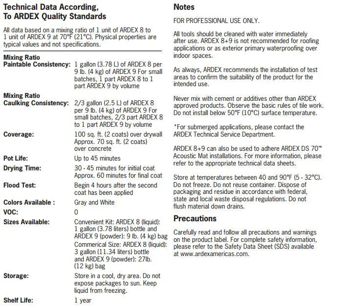 Ardex 8+9 Rapid Waterproofing and Crack Isolation Compound