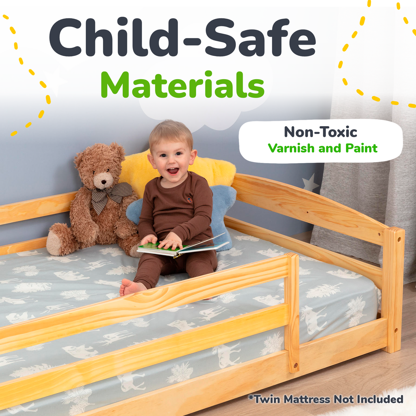 Child sitting on a wooden bed with a teddy bear, surrounded by text about child-safe materials and non-toxic varnish and paint.