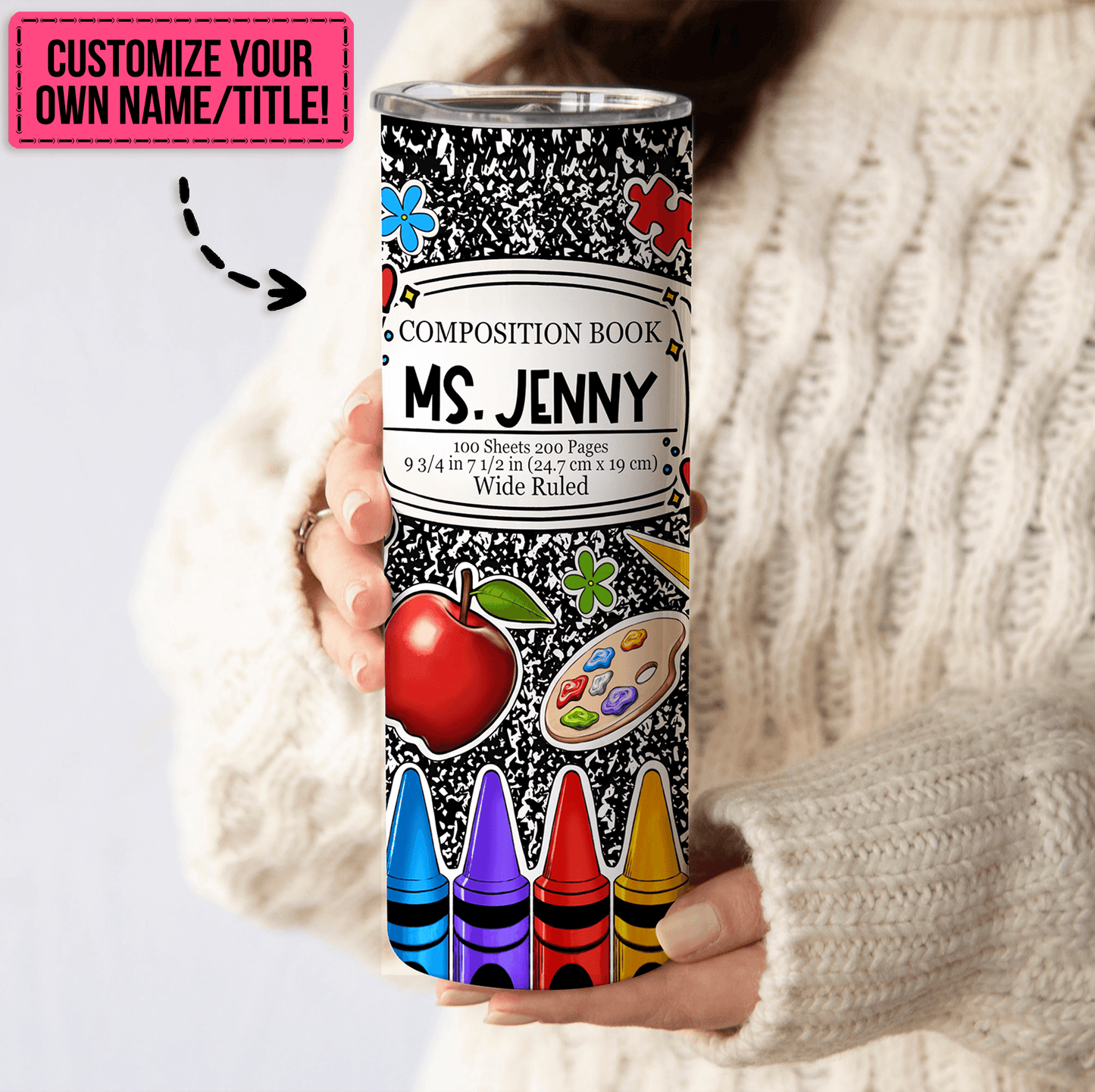 Composition Book Tumbler For Teachers - Personalized Custom 20oz Skinny Tumbler Cup - Back To School/ First Day Of School, Loving, Funny Gift for Teacher, Kindergarten, Preschool, Pre K, Paraprofessional