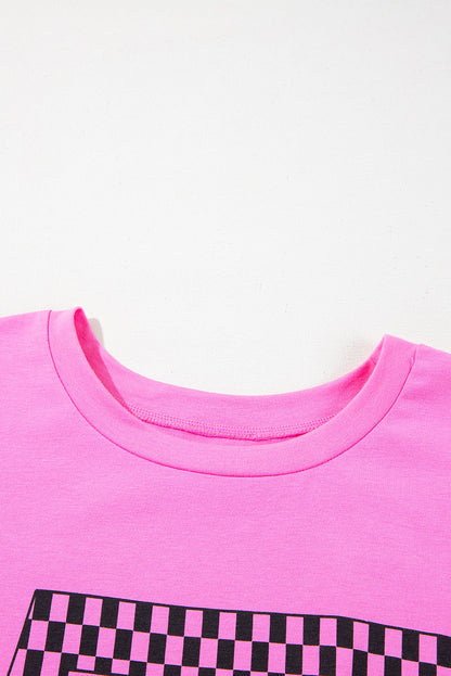 Bright Pink Checkered MAMA Letter Print Plus Size T Shirt