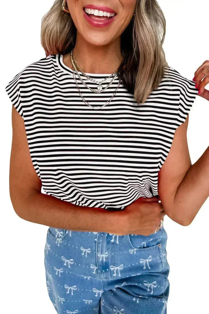 Black Stripe Ribbed Cap Sleeve Round Neck T Shirt