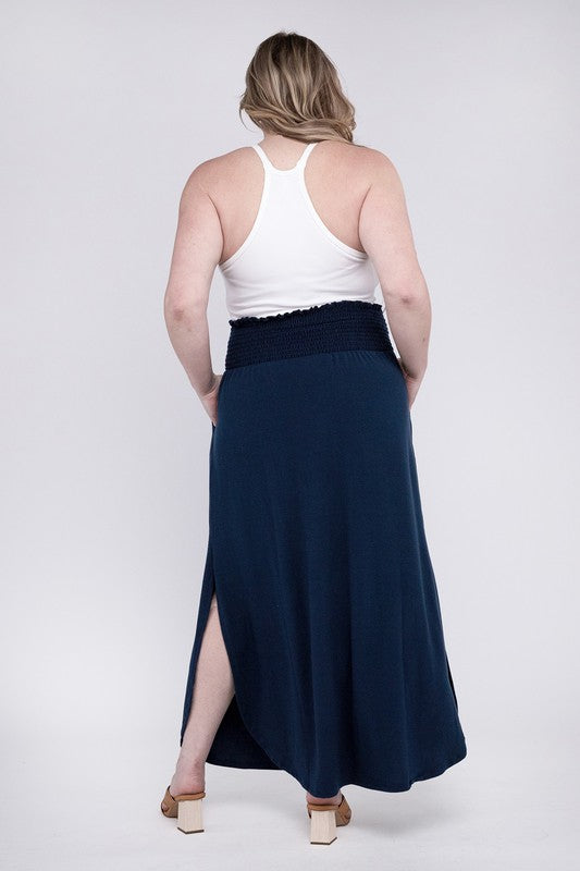 ZENANA Plus Smocked Waist Side Slit Maxi Skirt w/ Pockets
