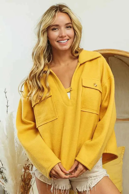 BiBi Fleece Collared Sweatshirt with Flap Pockets for Women