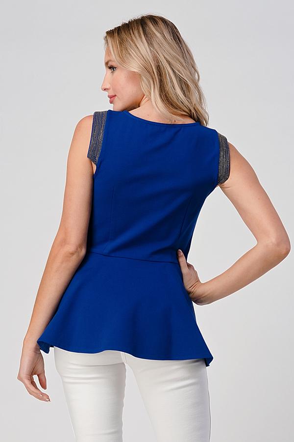 Peplum Zip-Front Sleeveless Top with Metallic Shoulder Detail | Apparel | Kitchen + Metal