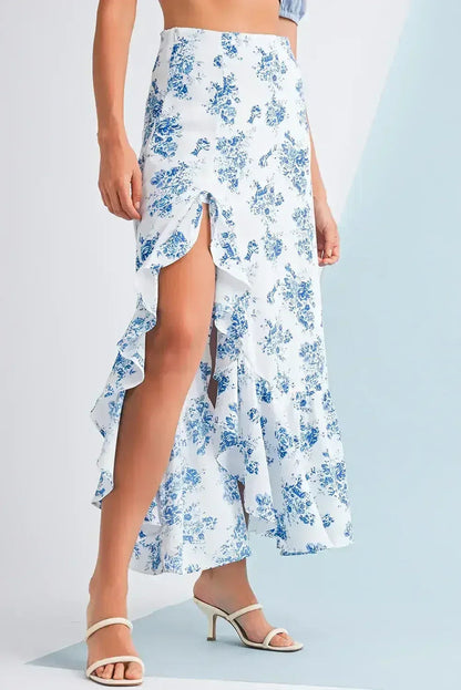 Sky Blue Boho Floral High Waist Ruffle Split Maxi Skirt