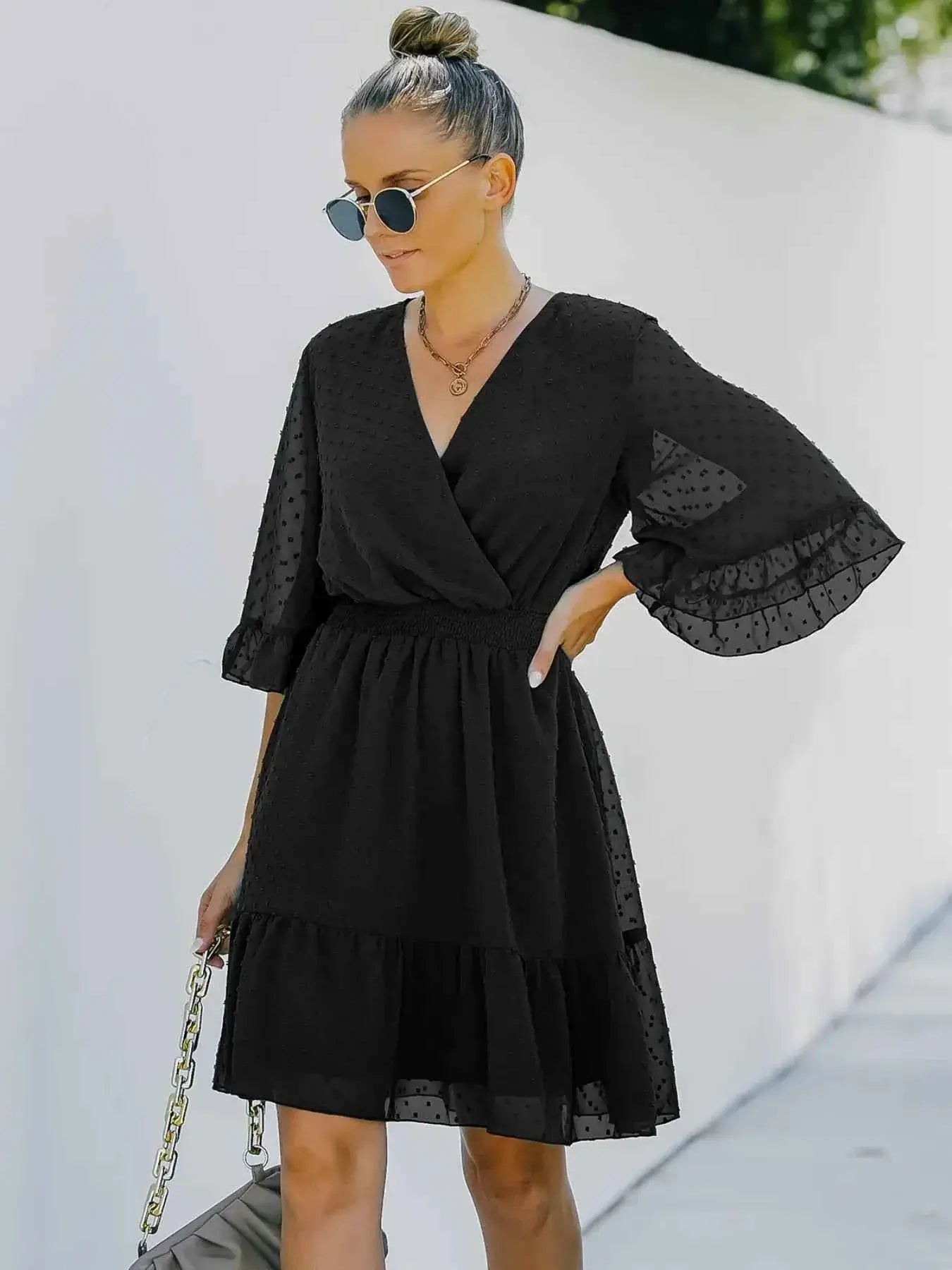 Swiss Dot Dress with Flare Sleeves - Mini Wrap Style