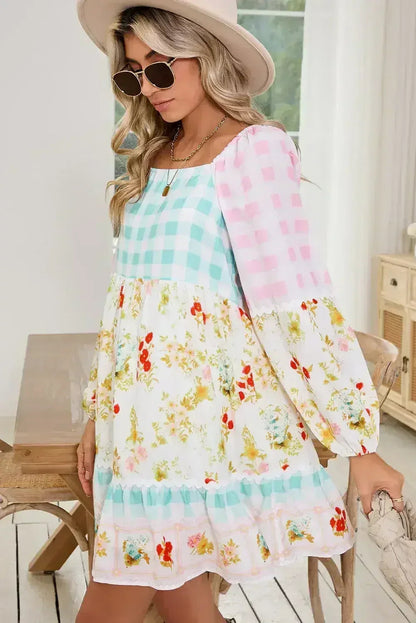 Pink Boho Floral and Plaid Patchwork Ricrac Lantern Sleeve Dress