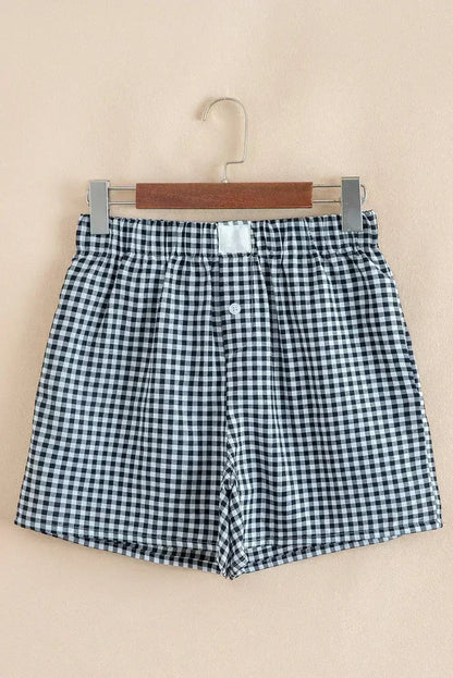 Blue Vintage Gingham Print High Waisted Loose Shorts