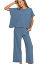 Zenana Cotton Slub Top & Pants Set in Dusty Blue