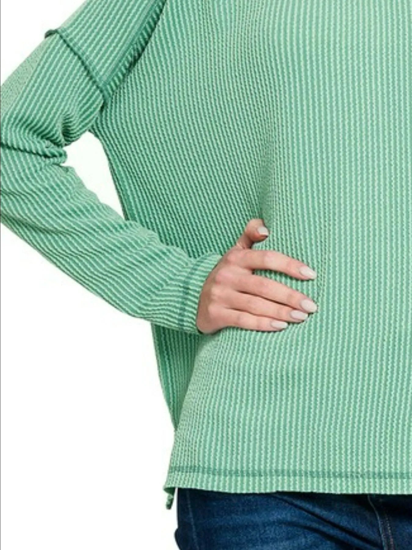 Zenana Exposed Seam Long Sleeve Corded Rib Knit Top in Jade