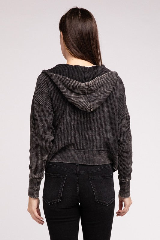 ZENANA Acid Wash Cotton Waffle Hooded Zip-Up Jacket