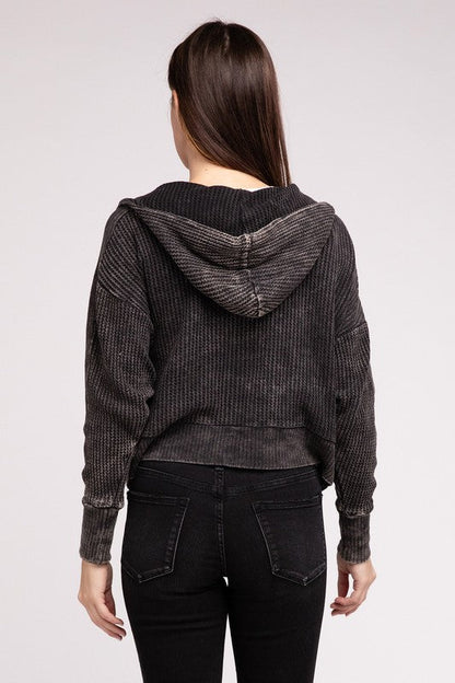 ZENANA Acid Wash Cotton Waffle Hooded Zip-Up Jacket