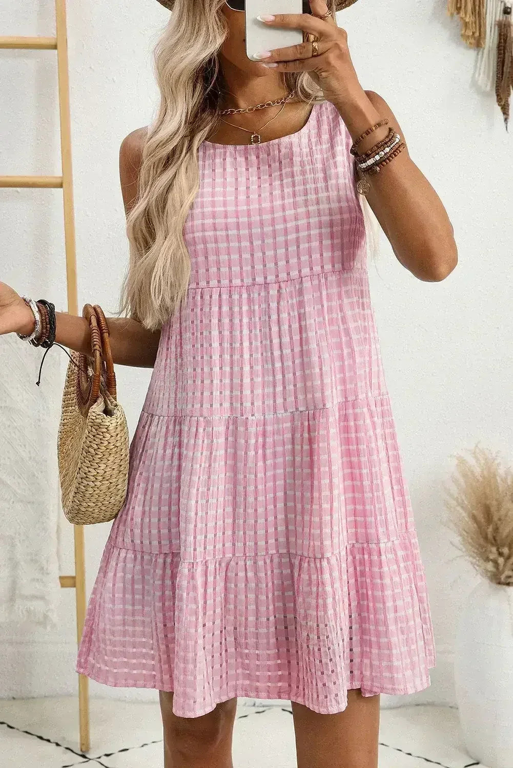 Light Blue Gingham High Waist Sleeveless Mini Dress