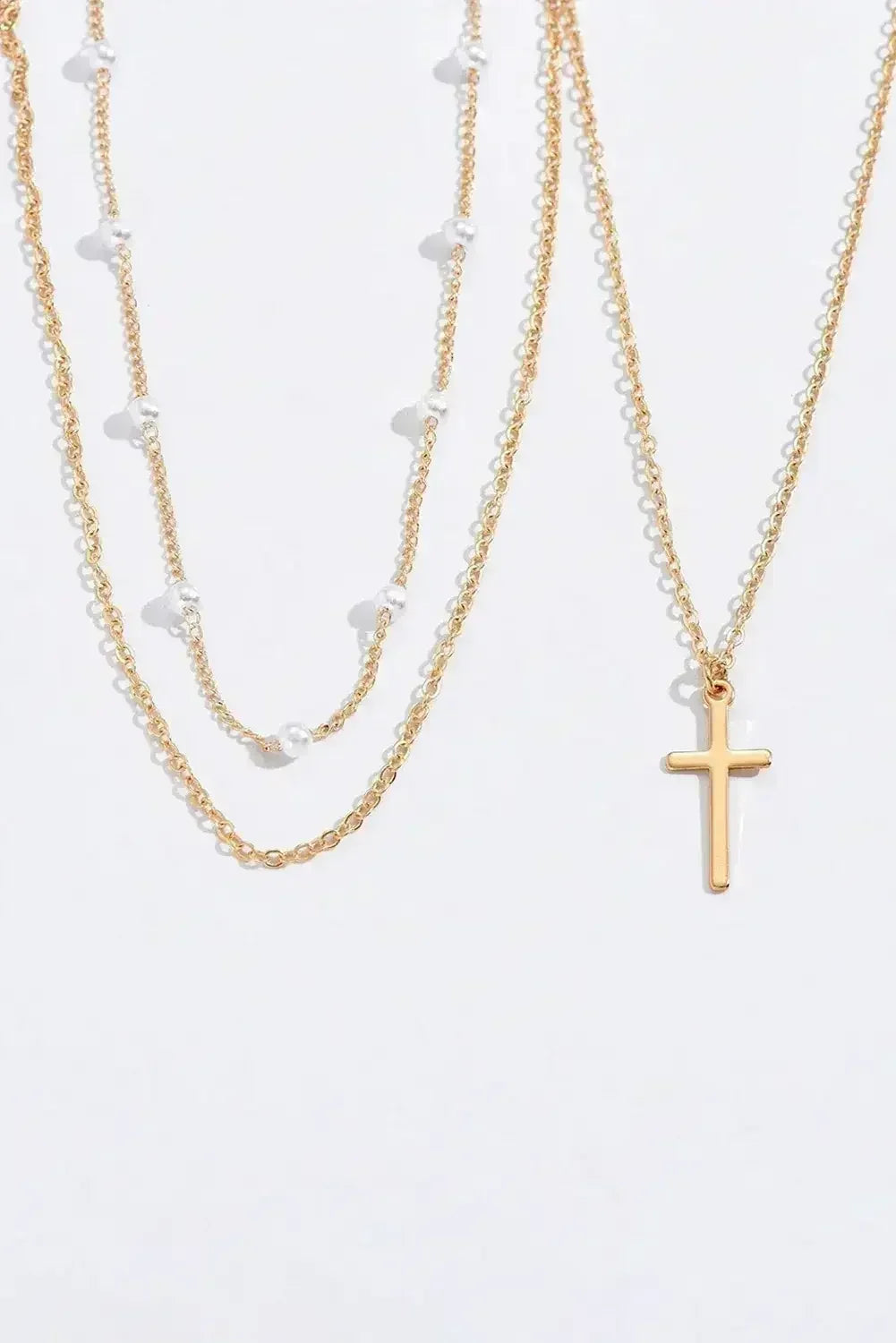 Gold Retro Multi-Layer Pearl and Cross Pendant Necklace Set
