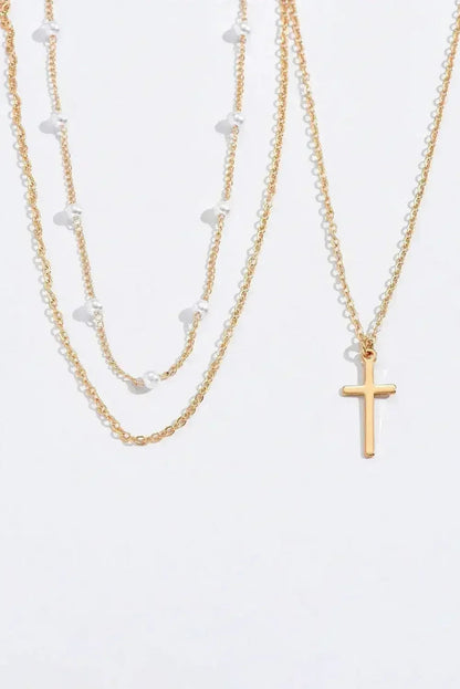 Gold Retro Multi-Layer Pearl and Cross Pendant Necklace Set