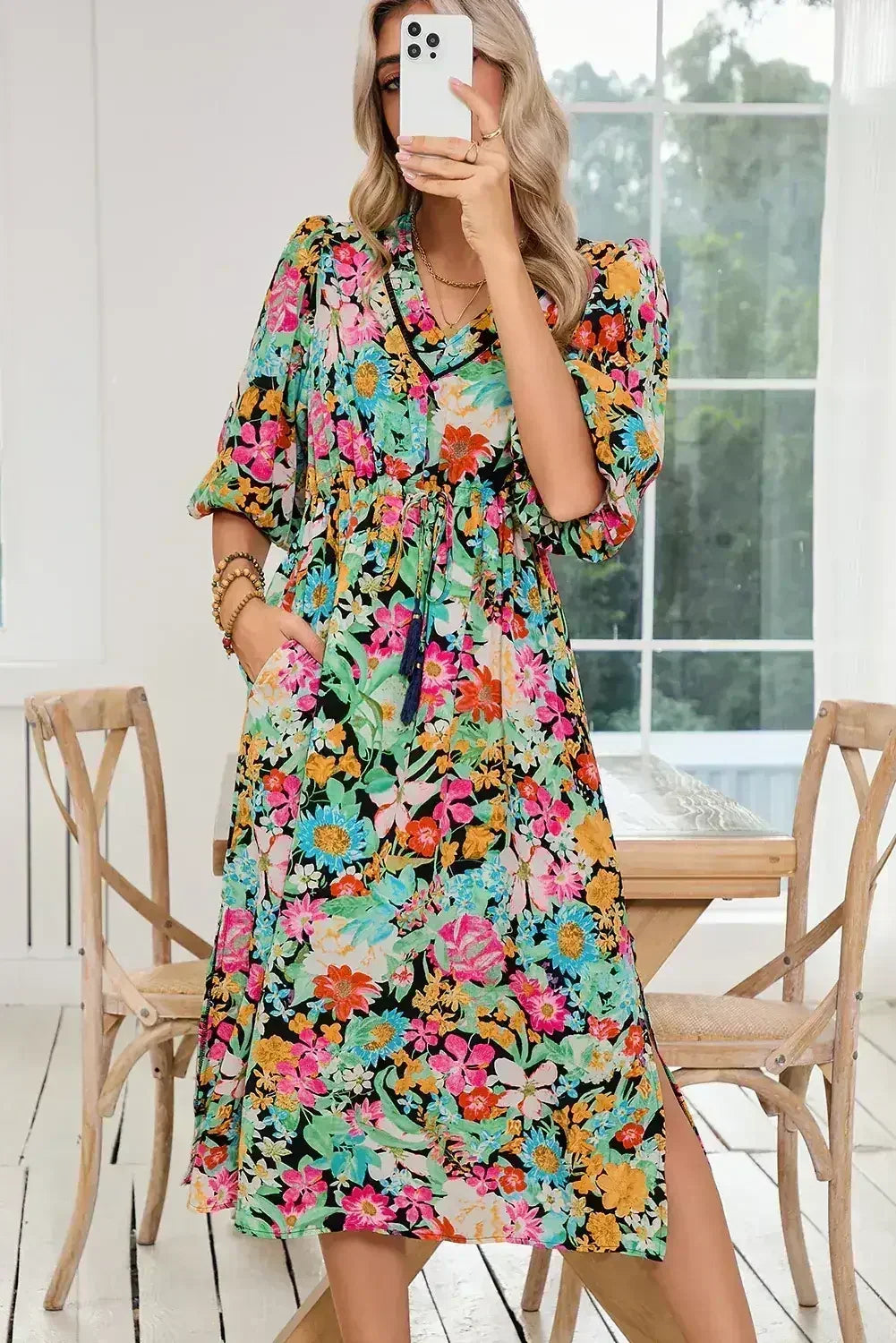 Green Boho Floral Puff Sleeve V Neck Tassel Drawstring Midi Dress