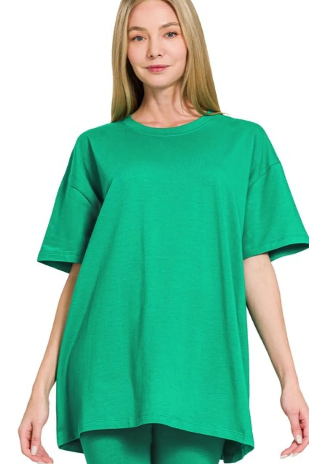 Zenana Cotton Round Neck Top & Biker Shorts in Green