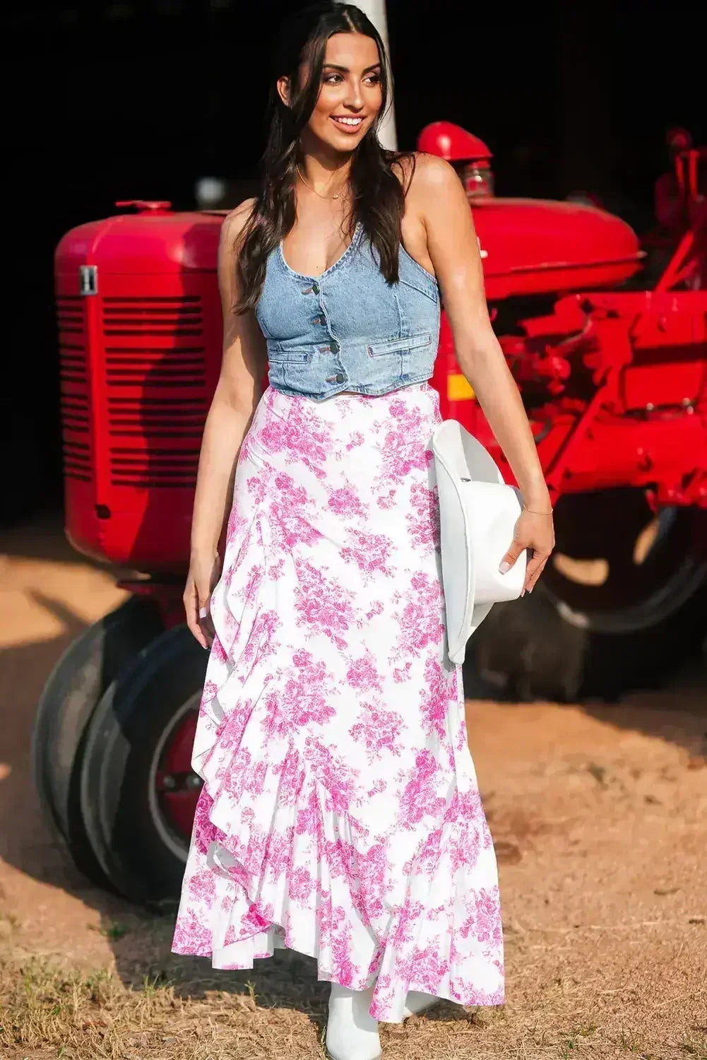 Sky Blue Boho Floral High Waist Ruffle Split Maxi Skirt