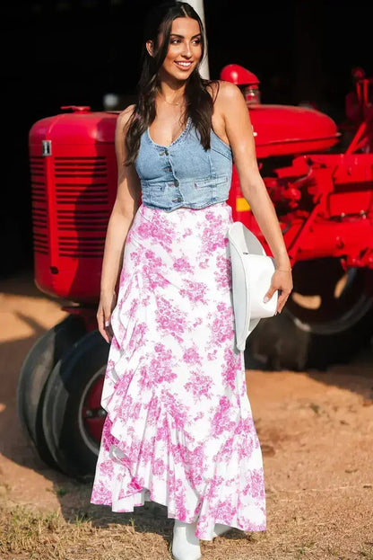 Sky Blue Boho Floral High Waist Ruffle Split Maxi Skirt