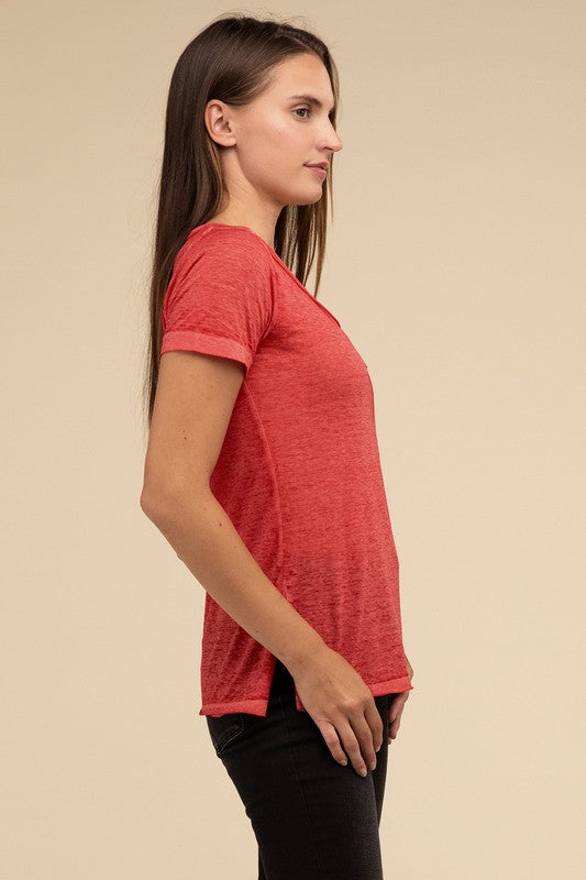 ZENANA Washed Melange Burnout Scoop V-Neck Top