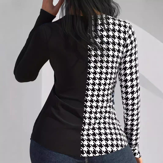 Women's Printed V-neck Blouse Stitching Long Sleeve Women's Top