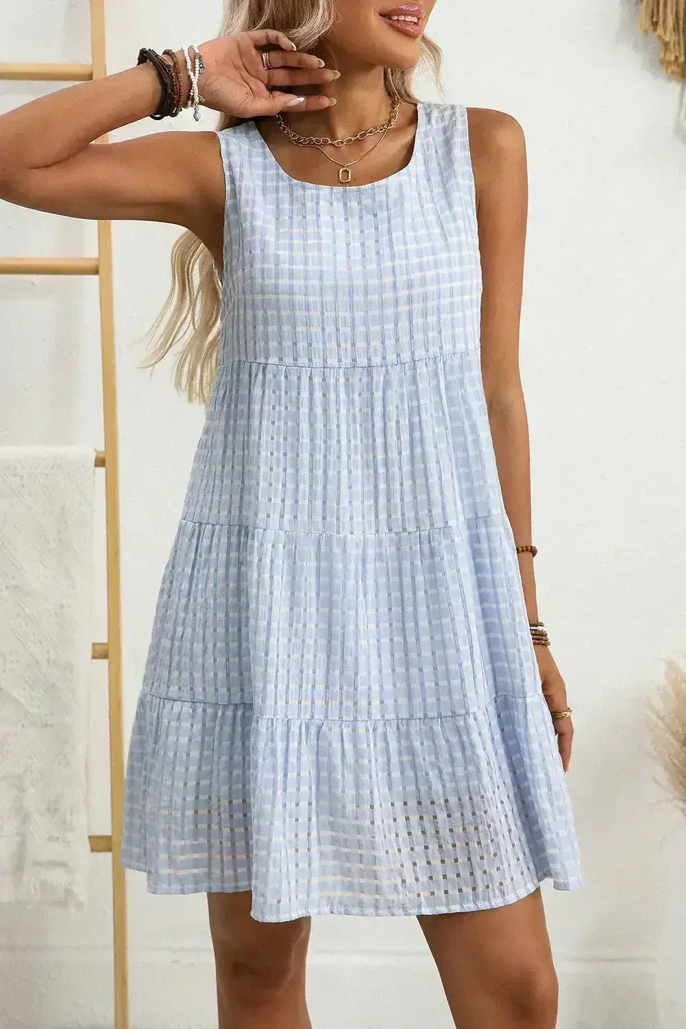 Light Blue Gingham High Waist Sleeveless Mini Dress