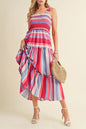Red Stripe Ruffled Straps Smocked Tiered Midi Dress