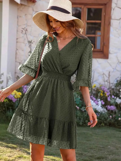 Swiss Dot Dress with Flare Sleeves - Mini Wrap Style