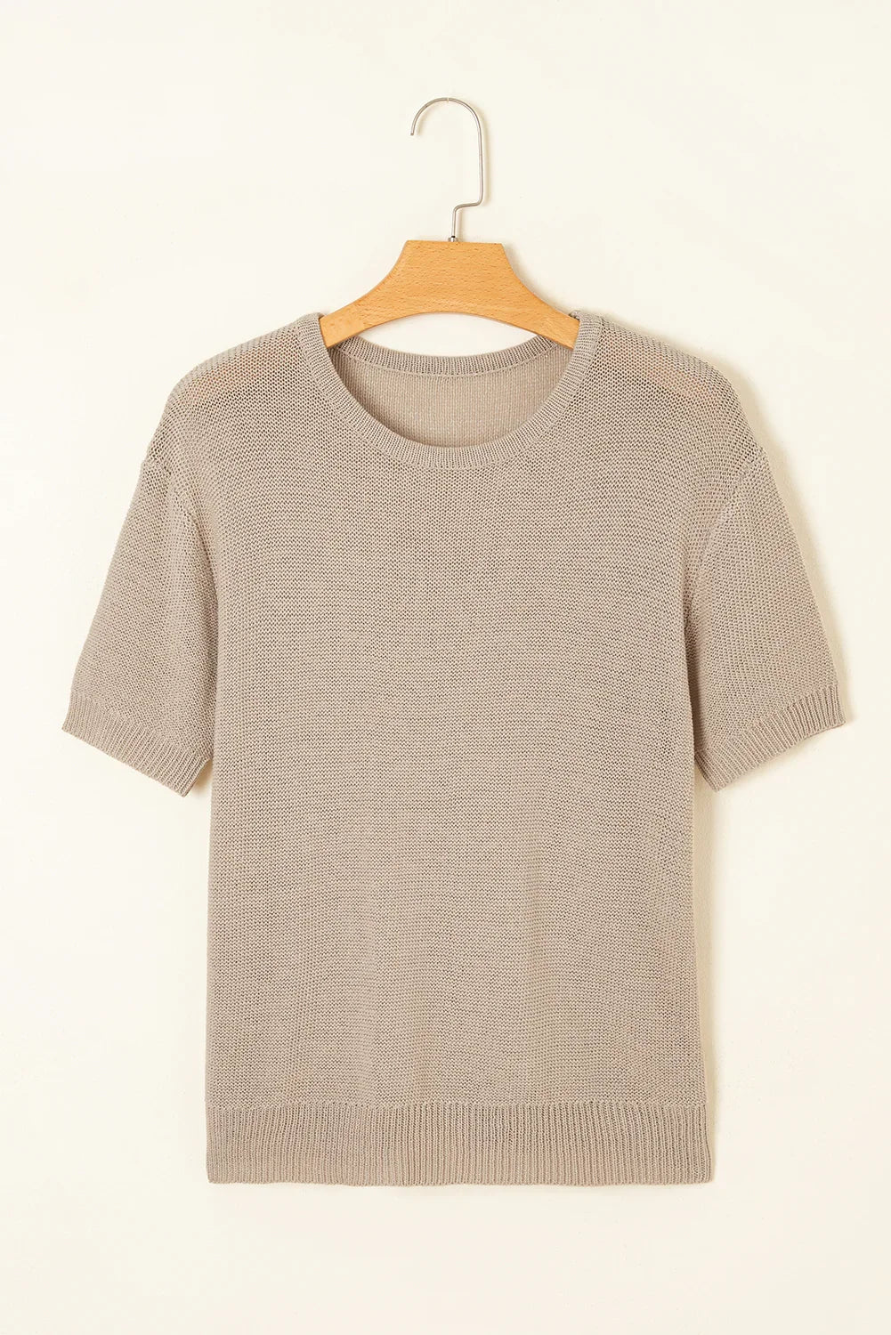 Beige Shiny Plain Short Sleeve Knit Top