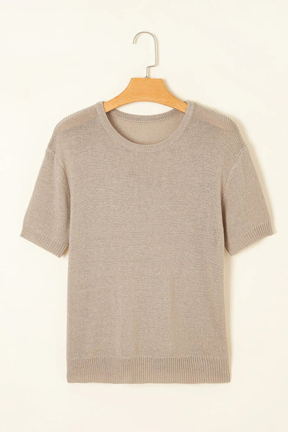 Beige Shiny Plain Short Sleeve Knit Top