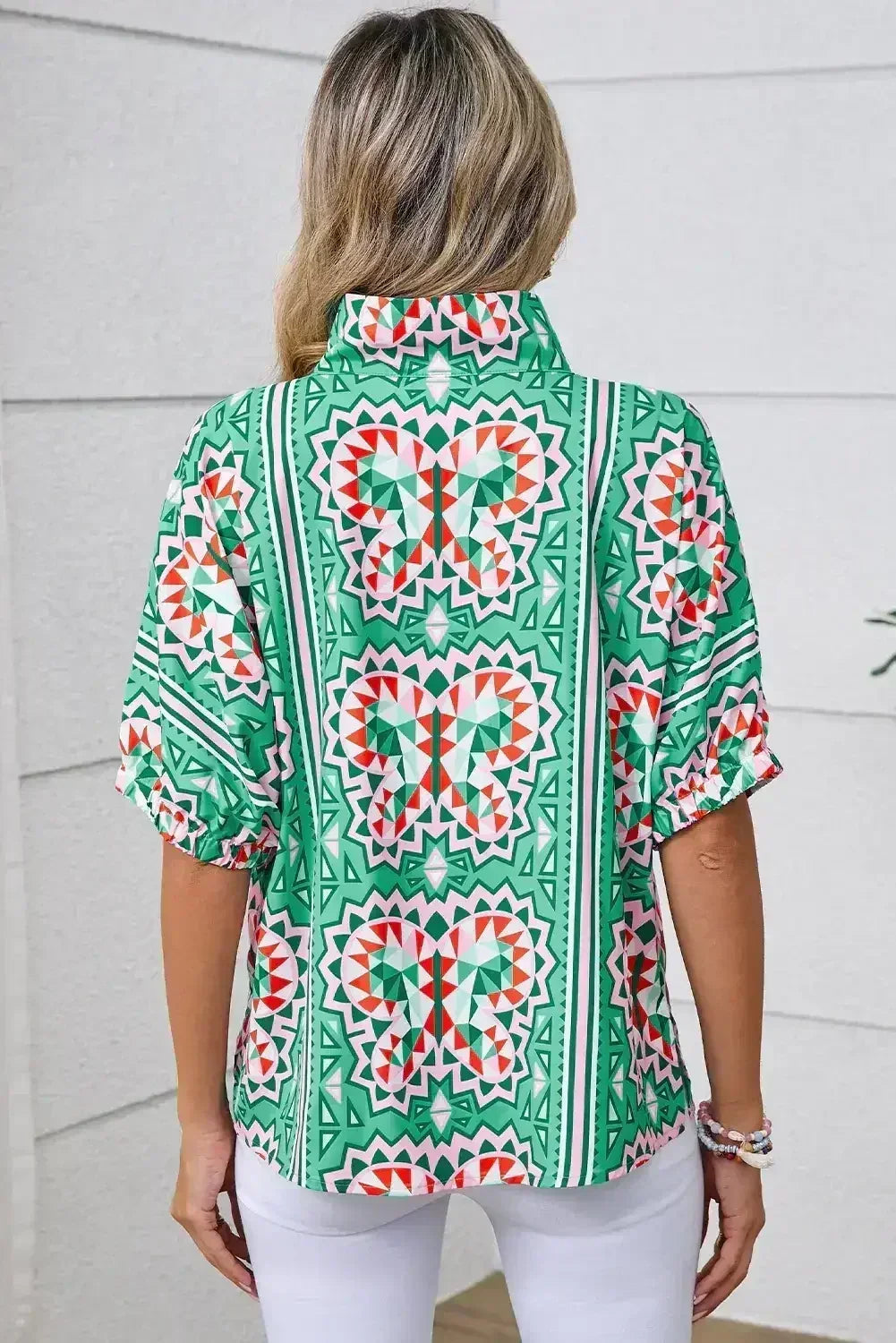 Sea Green Boho Geometric Print Color Neckline Blouse | Femstylo
