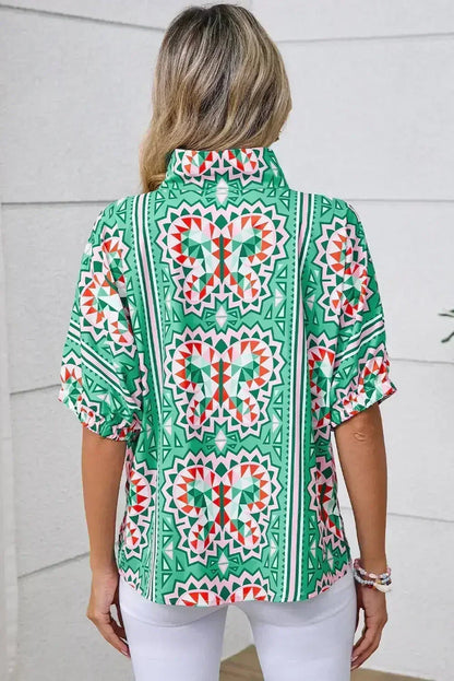 Sea Green Boho Geometric Print Color Neckline Blouse | Femstylo