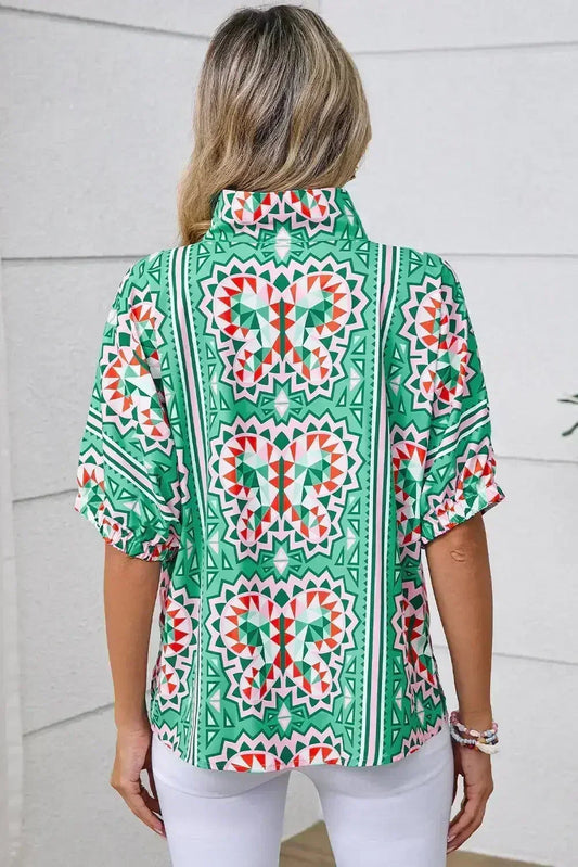 Sea Green Boho Geometric Print Color Neckline Blouse | Femstylo