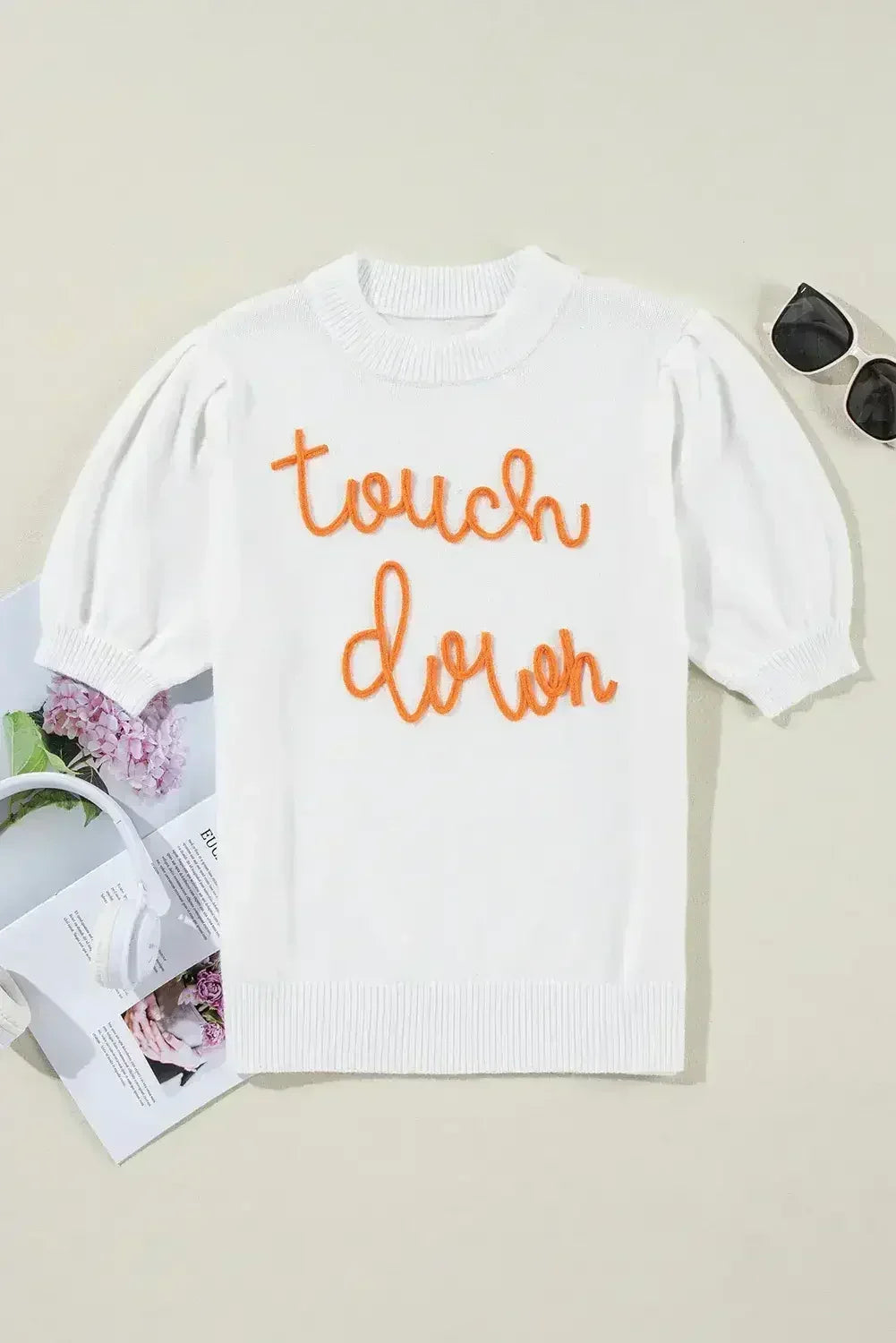 White Touchdown Tinsel Puff Short Sleeve Sweater
