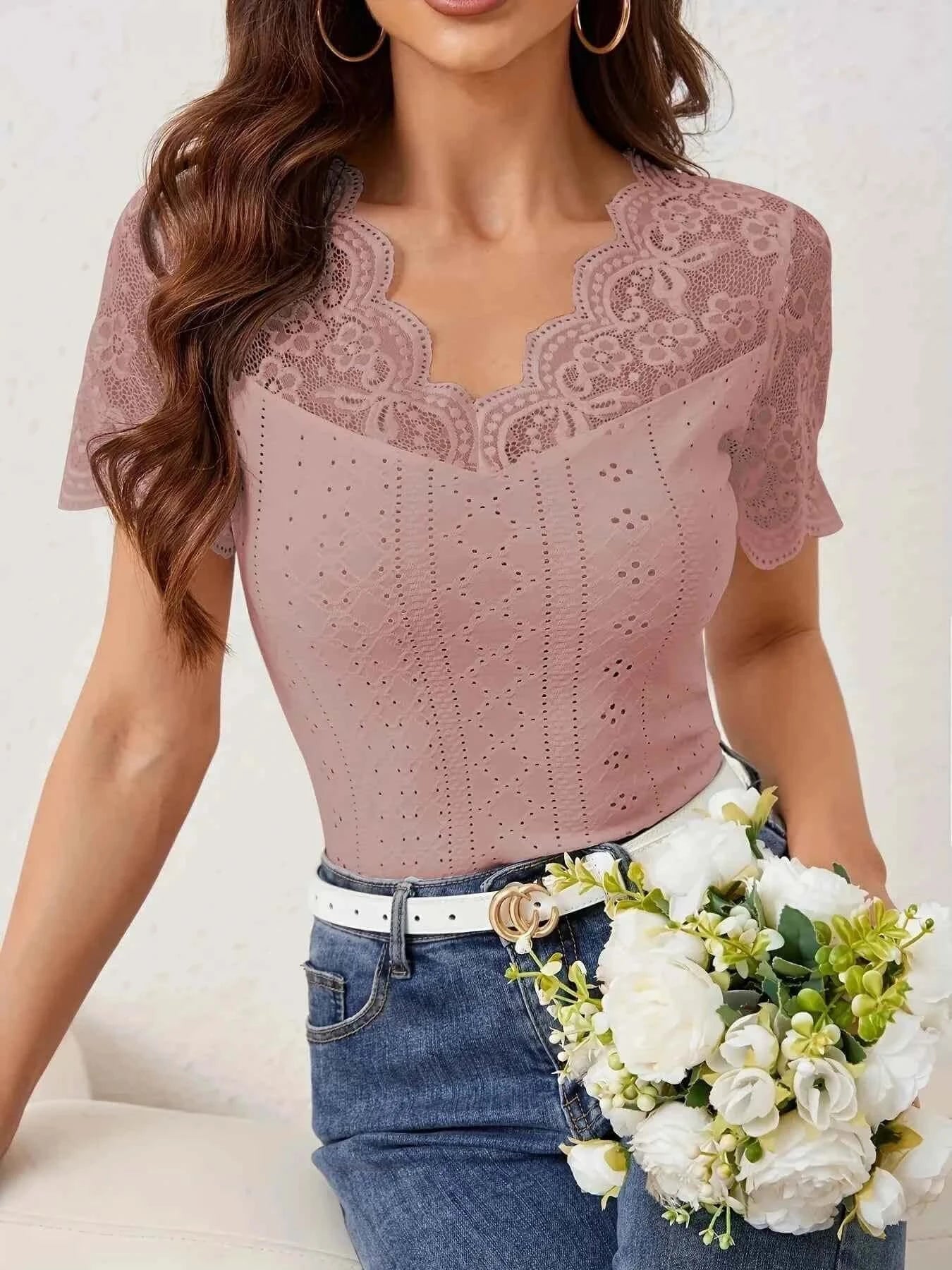 Lace Trim Eyelet Embroidered Summer T Shirt