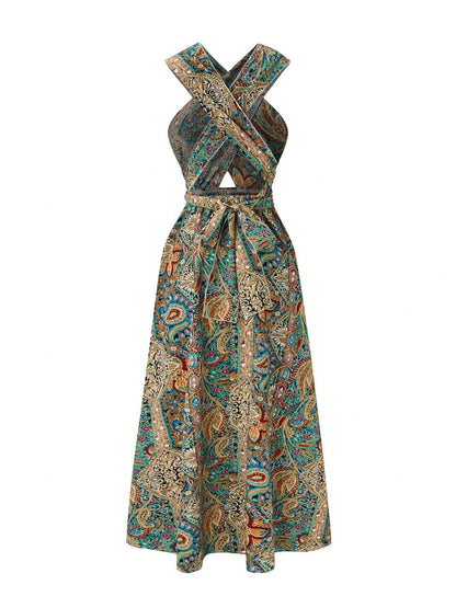 Women Print Maxi Dress with Tie Detail - High Waisted Cross Halter Neck, Flowing Teal & Brown Paisley Vacation Gown, Machine Washable Summer Fashion