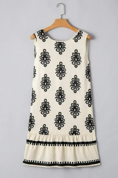 Beige Geometric Printed Sleeveless Hollowed Bowknot Back Mini Dress