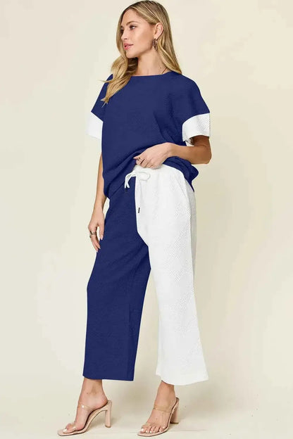 Plus Size Contrast T-Shirt and Wide Leg Pants Set