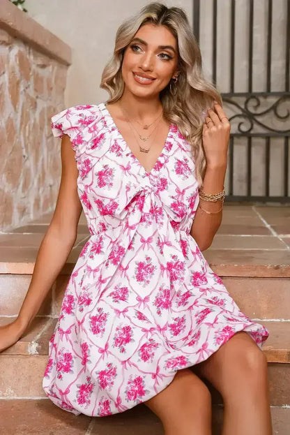 Multicolour Boho Bow Floral Print Knot V Neck Mini Dress