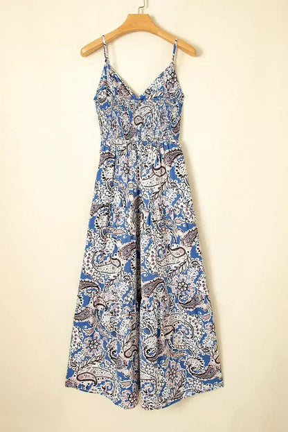 Blue Paisley Print Twist Boho Maxi Dress