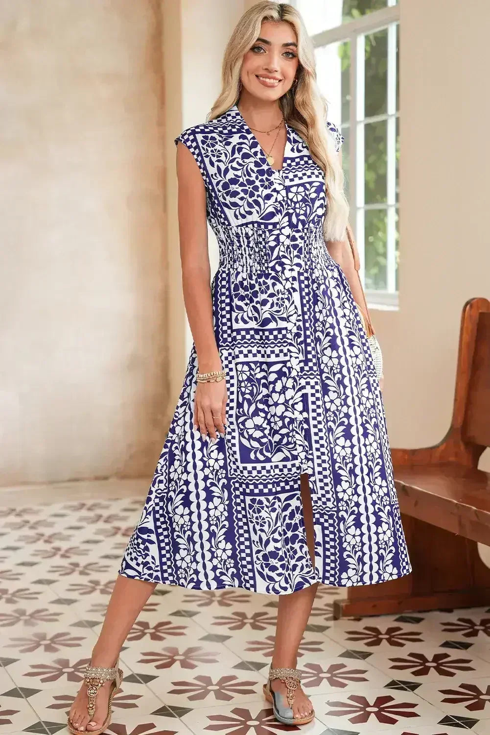 Dirty Blue Floral Print Smocked Waist Sleeveless Dress