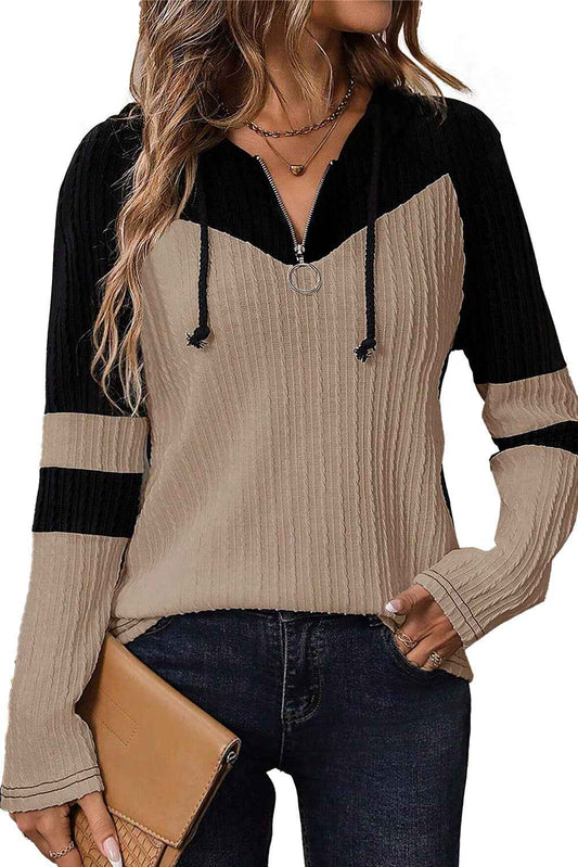 Parchment Textured Patchwork Long Sleeve Hooded Women's Top