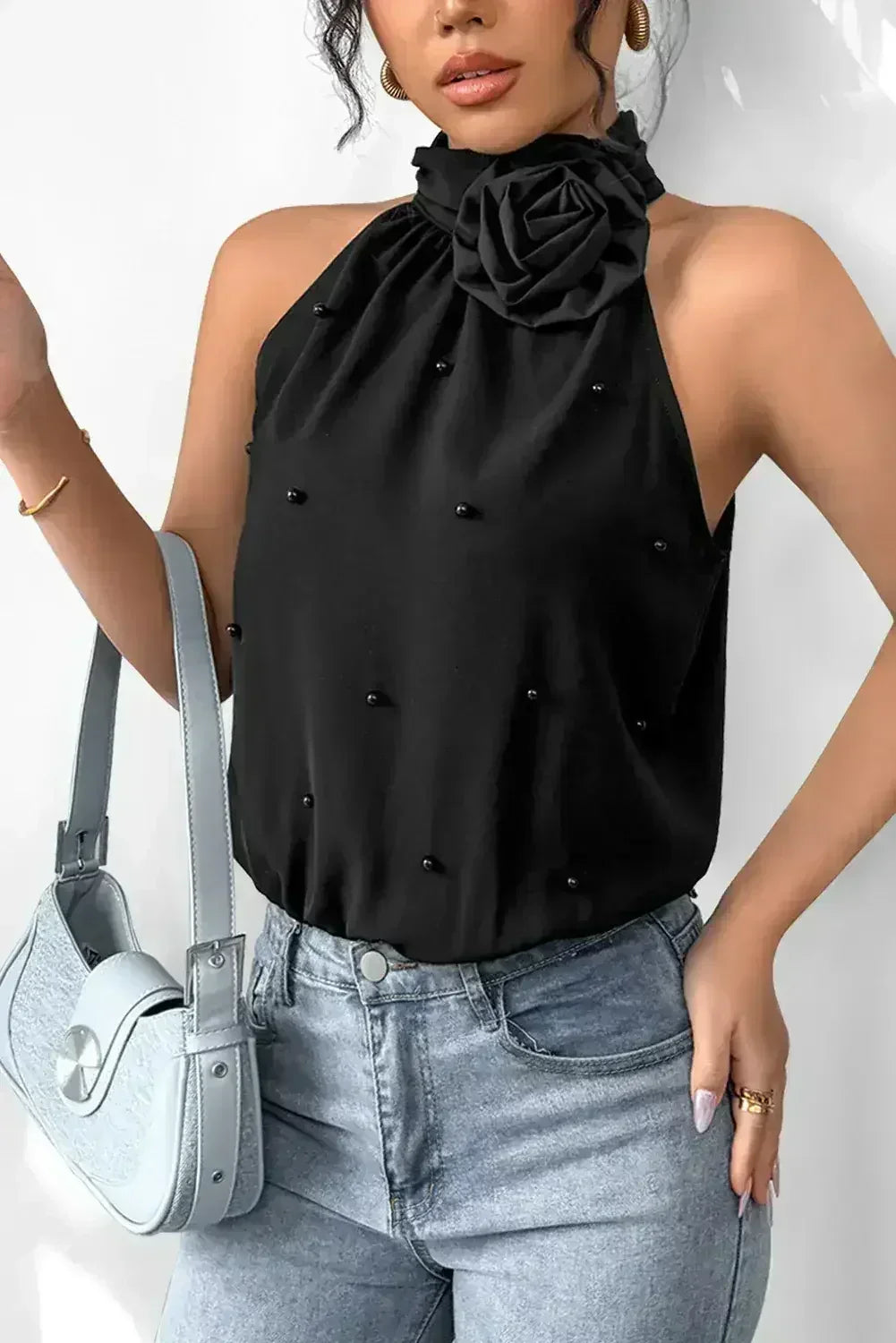 Black Beaded Flower Halter Neck Bodysuit - Femstylo