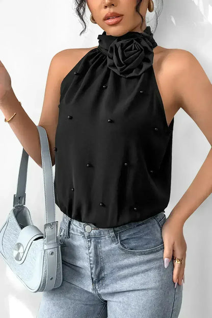 Black Beaded Flower Halter Neck Bodysuit - Femstylo